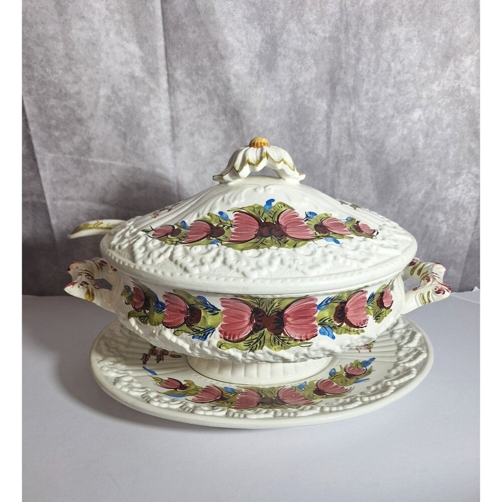 Vtg Italian Tureen Capodimonte Style Floral Serving Bowl Ladle Cover & Platter